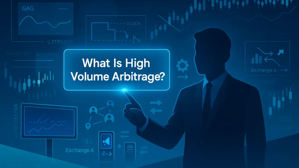 What Is High Volume Arbitrage? Trader executing high-volume arbitrage across multiple exchanges using automated systems to capture profit from tiny price gaps while scaling arbitrage safely.