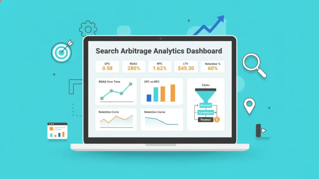 Search arbitrage analytics dashboard showing CPC, ROAS, RPC, and retention metrics for startup campaigns.