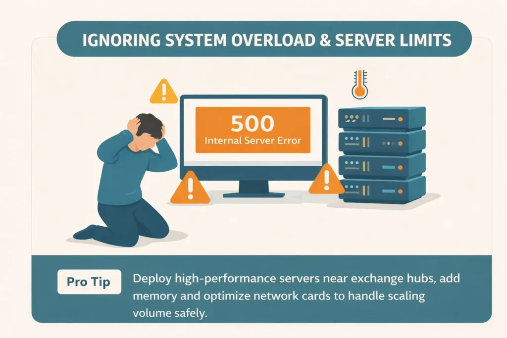 Guide to Scaling Arbitrage Safely: Avoid These 7 Deadly Mistakes When Increasing Volume 3 Infographic showing server overload risks in high-volume arbitrage, including CPU spikes, API rate limits, and timeouts