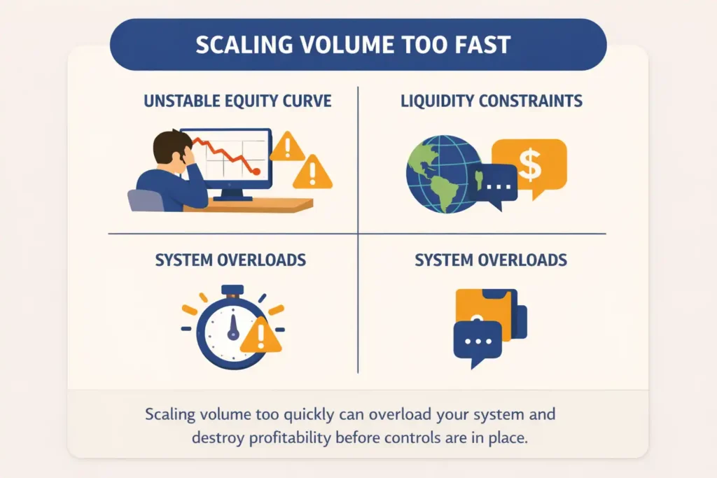 Guide to Scaling Arbitrage Safely: Avoid These 7 Deadly Mistakes When Increasing Volume 2 Infographic showing the risks of scaling arbitrage volume too fast, including slippage, delays, and partial fills
