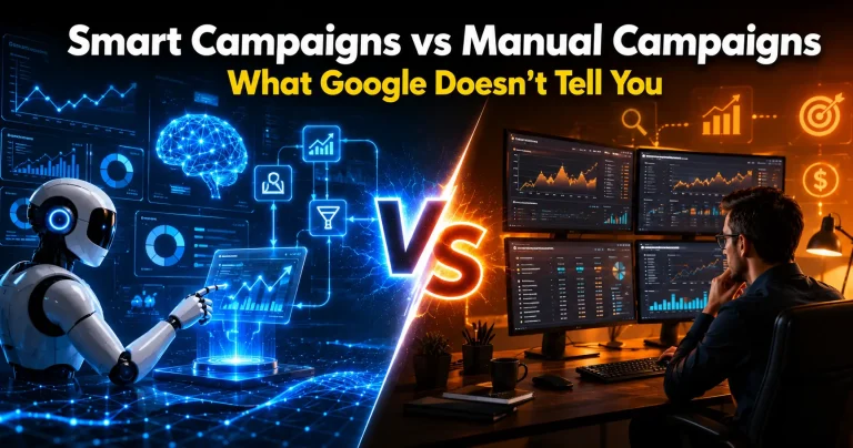 Google Ads Smart Campaigns vs Manual Campaigns comparison showing automation, bidding strategies, keyword control, and campaign performance.