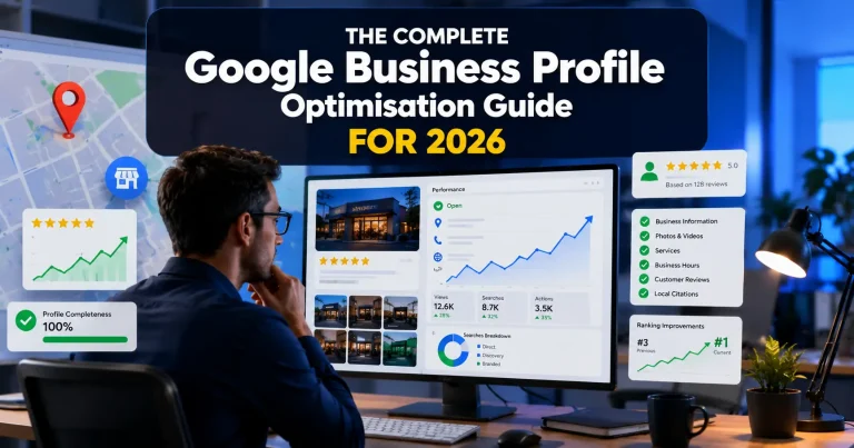 Google Business Profile Optimization guide showing Google Maps ranking factors, business profile setup, reviews, categories, and local SEO optimization.