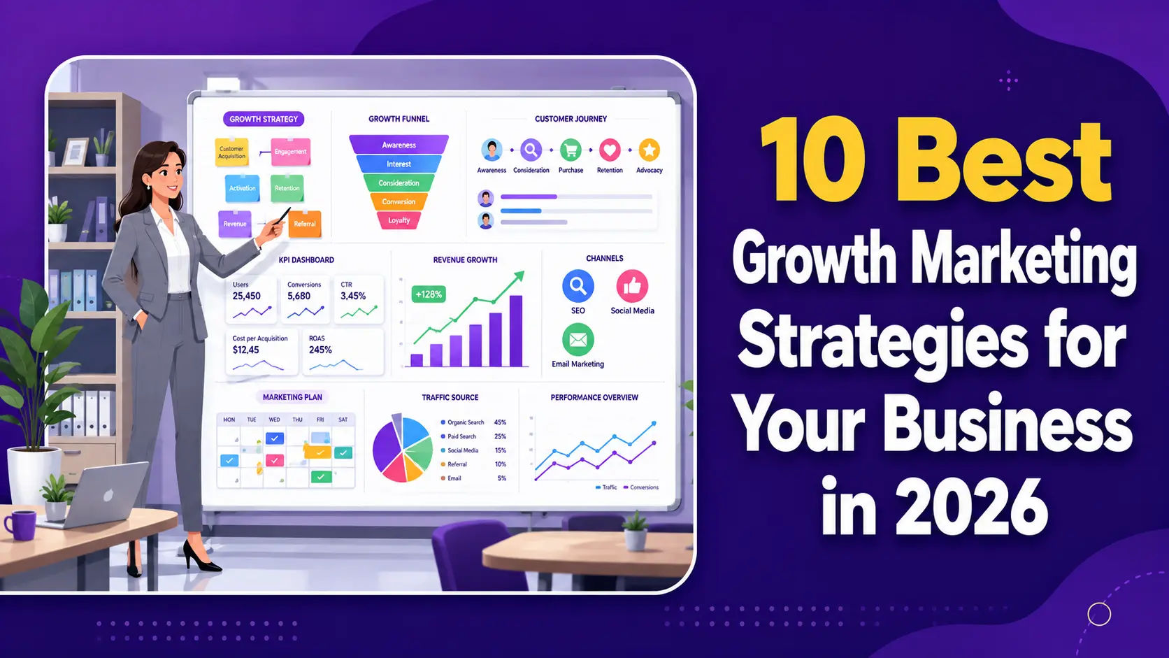 Growth marketing strategies including SEO, AI, product-led growth, personalization, retention marketing, paid advertising, and community building.